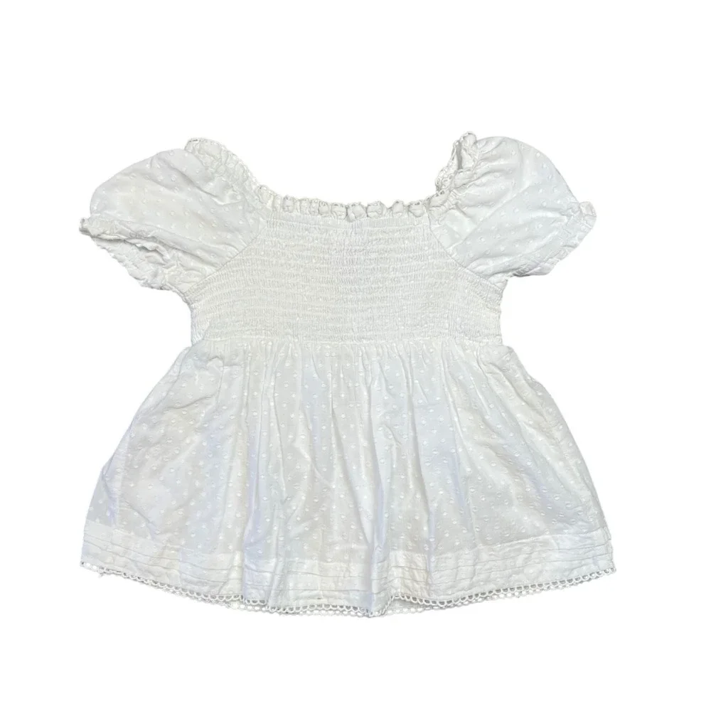 Haute Hippie Kids White Swiss Dot Smocked Puff Sleeve Top Coastal‎ Boho Size 4T